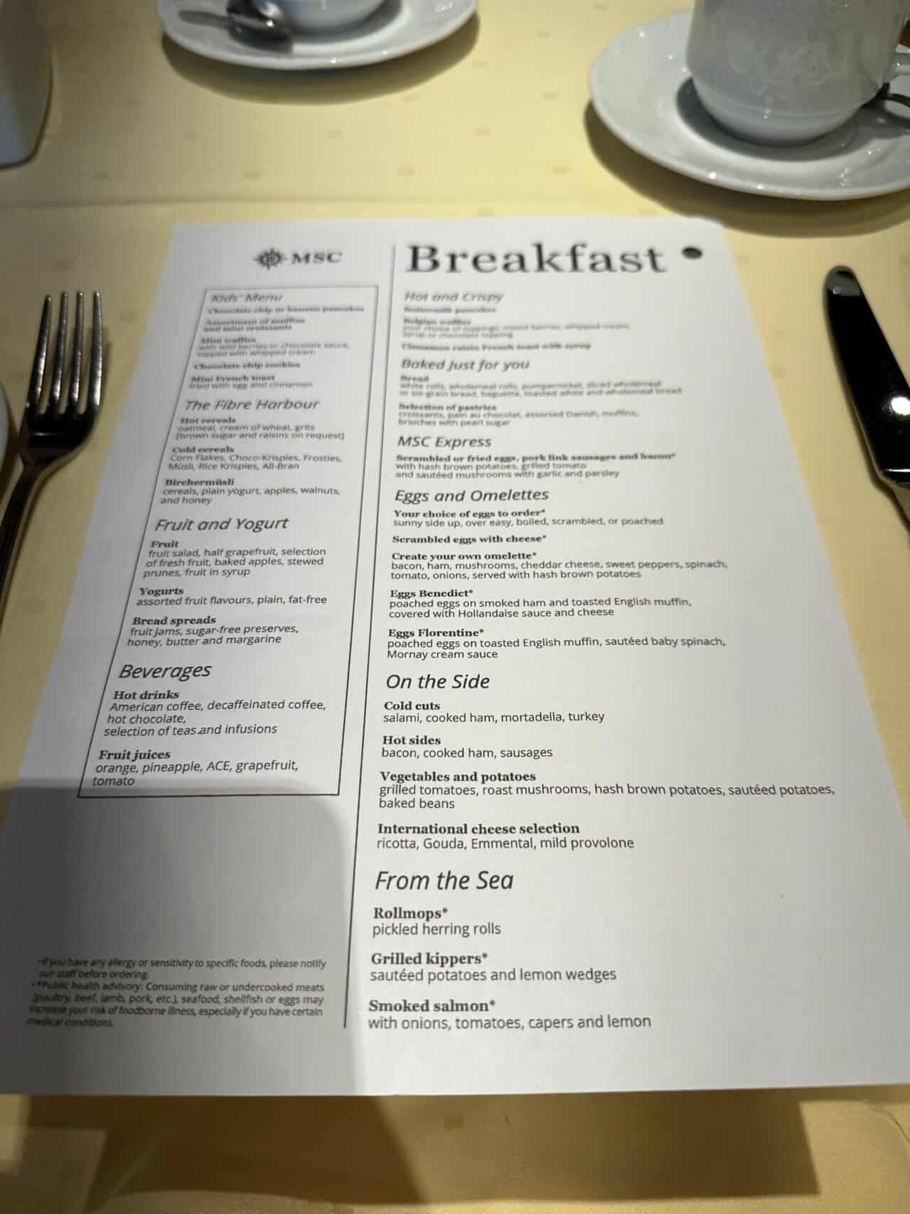 MSC Preziosa - Breakfast menu